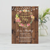 婚約パーティのシャワーの花のリースの木製の招待 招待状 (スタンド正面)