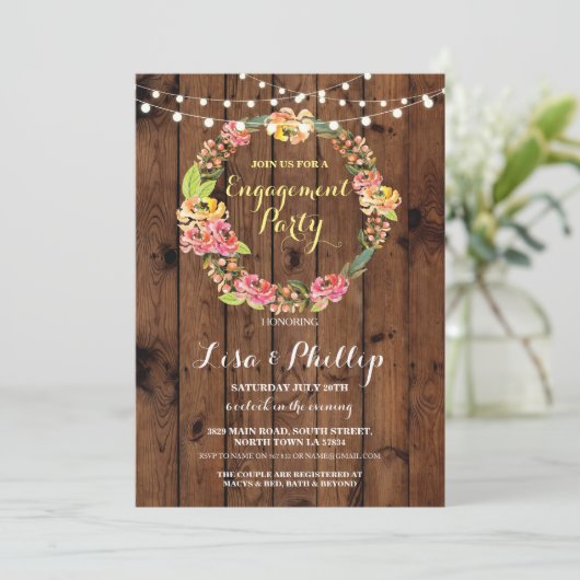 婚約パーティのシャワーの花のリースの木製の招待 招待状 (スタンド正面)
