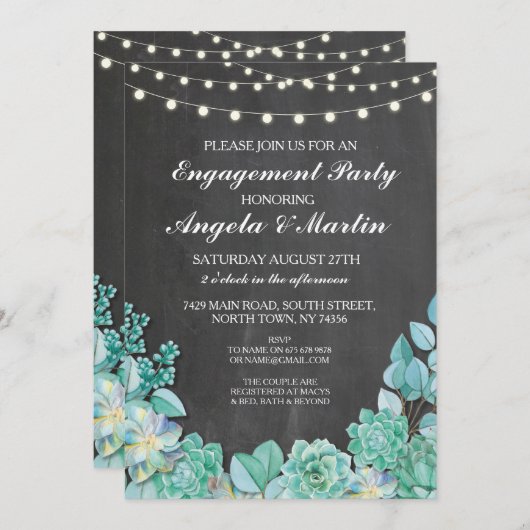 婚約パーティのチョークの花のSucculentsの招待 招待状 (正面/裏面)