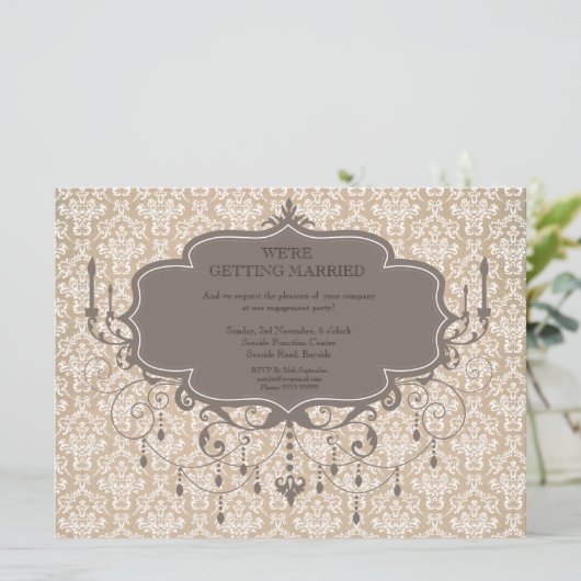 婚約パーティの旧式なシャンデリアの写真の招待 招待状 (スタンド正面)