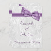 婚約パーティの白いダマスク織およびフェイクな弓 招待状 (正面/裏面)