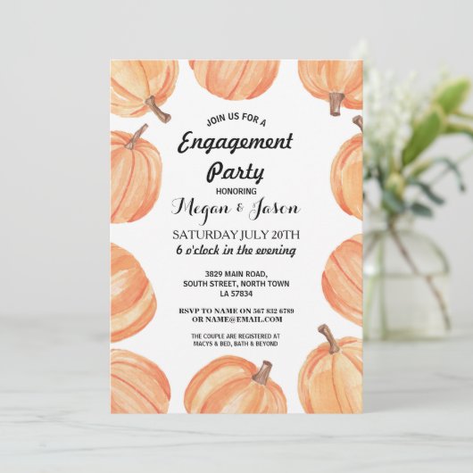 婚約パーティの素朴なカボチャ水彩画の秋 招待状 (スタンド正面)