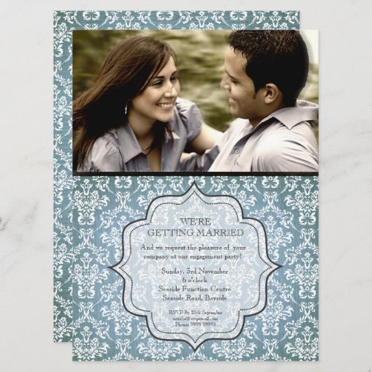 婚約パーティの青くグランジなダマスク織の写真の招待 招待状 (正面/裏面)