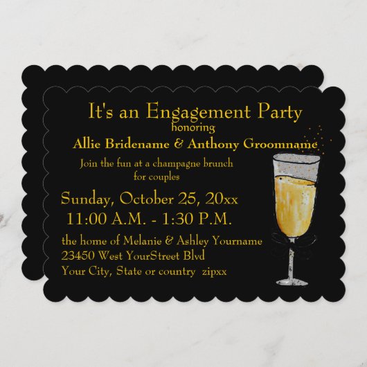 婚約パーティの黒および金ゴールド 招待状 (正面/裏面)