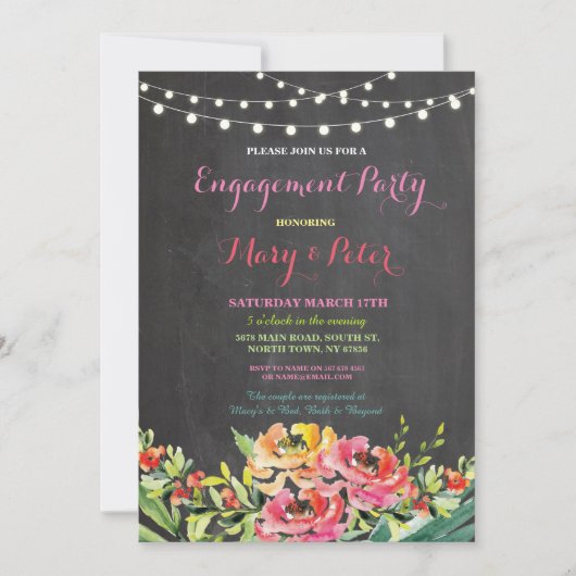 婚約パーティの黒板の花のピンクの招待状 招待状 (正面)