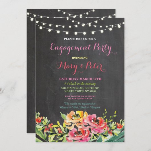 婚約パーティの黒板の花のピンクの招待状 招待状 (正面/裏面)