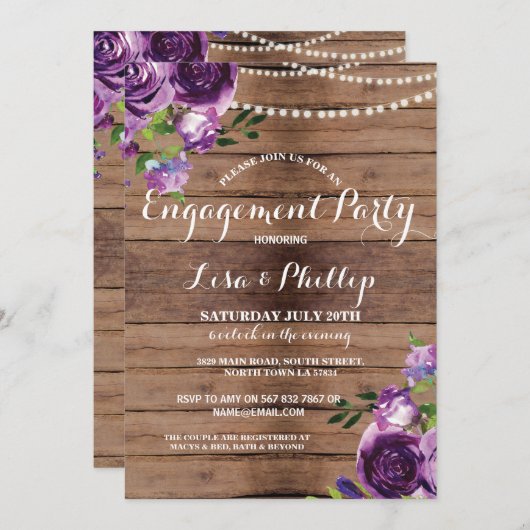 婚約パーティウッドパープルフラワーシャワー招待状 招待状 (正面/裏面)