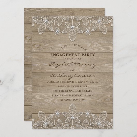 婚約パーティウッ素朴ドエレガントヴィンテージレース 招待状 (正面/裏面)