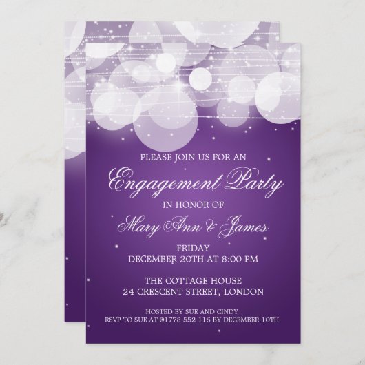 婚約パーティエレガントグロー&スパークルパープル 招待状 (正面/裏面)