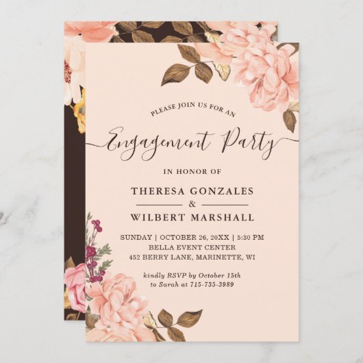 婚約パーティエレガント赤面金ゴールドシックフローラ 招待状 (正面/裏面)