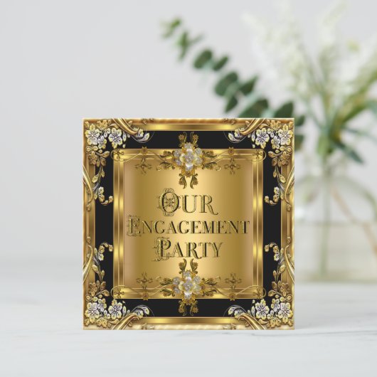 婚約パーティエレガント金ゴールドフローラジュエルブラック2 招待状 (スタンド正面)