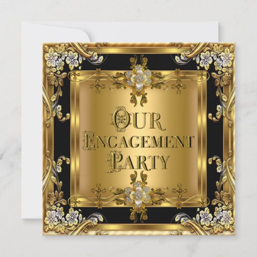 婚約パーティエレガント金ゴールドフローラジュエルブラック2 招待状 (正面)