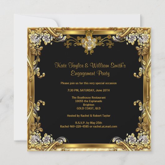婚約パーティエレガント金ゴールドフローラジュエルブラック 招待状 (裏面)