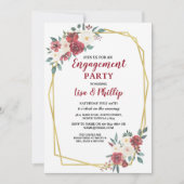 婚約パーティカップルのシャワーフレーム金ゴールド赤 招待状 (正面)