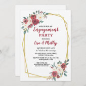 婚約パーティカップルのシャワーフレーム金ゴールド赤 招待状 (正面/裏面)