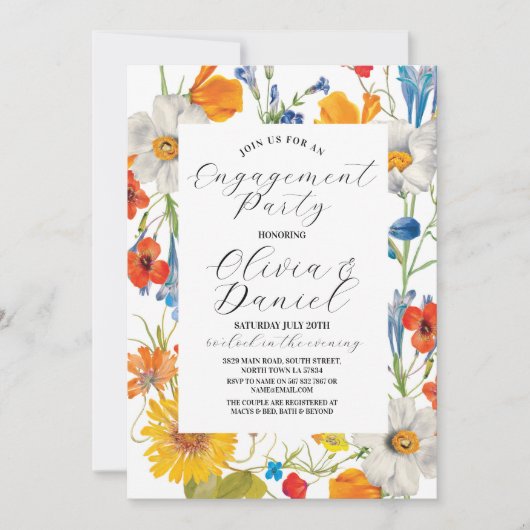 婚約パーティカップルシャワー夏花模様 招待状 (正面)