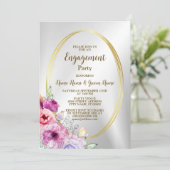 婚約パーティカラフルピンクフローラゴールデンフレーム 招待状 (スタンド正面)