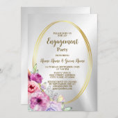 婚約パーティカラフルピンクフローラゴールデンフレーム 招待状 (正面/裏面)