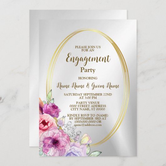 婚約パーティカラフルピンクフローラゴールデンフレーム 招待状 (正面/裏面)