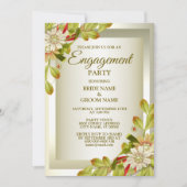 婚約パーティグリーンリーフホワイトフローラゴールデン 招待状 (正面)