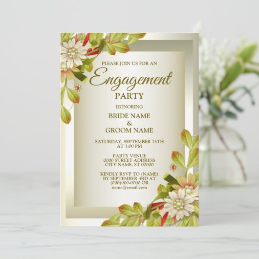 婚約パーティグリーンリーフホワイトフローラゴールデン 招待状 (スタンド正面)