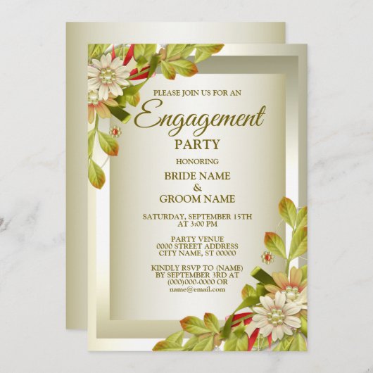 婚約パーティグリーンリーフホワイトフローラゴールデン 招待状 (正面/裏面)