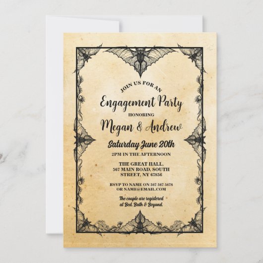 婚約パーティゴシックフレームハロウィーンこうもり 招待状 (正面)