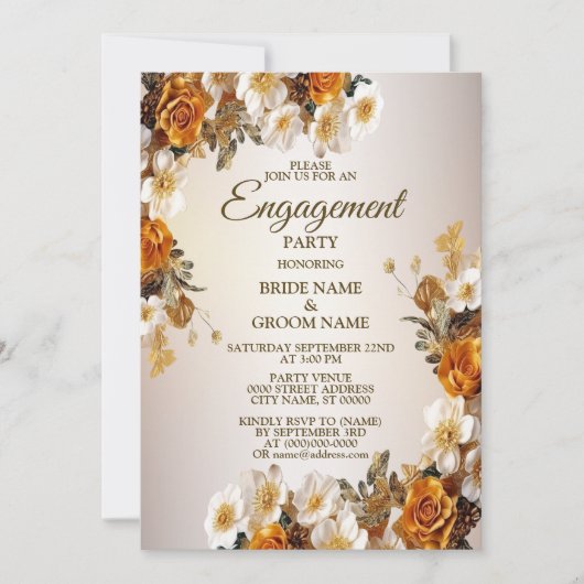 婚約パーティゴールデンオレンジホワイトフローラ 素朴 招待状 (正面)