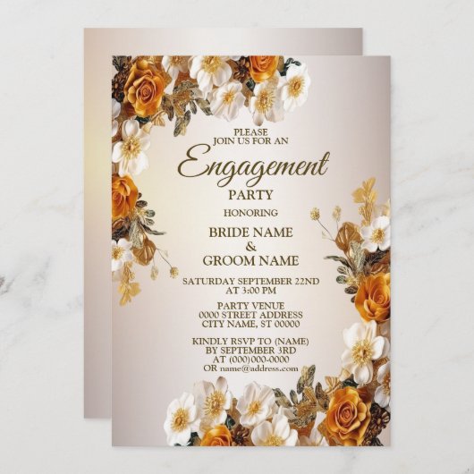 婚約パーティゴールデンオレンジホワイトフローラ 素朴 招待状 (正面/裏面)