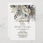 婚約パーティシルバーゴールデンホワイトローズフラワー 招待状 (正面/裏面)