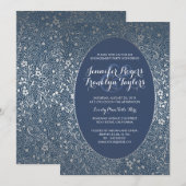 婚約パーティシルバーフローラヴィンテージ海軍 招待状 (正面/裏面)