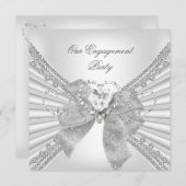 婚約パーティダイヤモンドハートホワイトシルバーボウ 招待状 (正面/裏面)