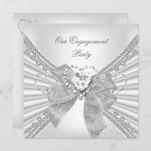婚約パーティダイヤモンドハートホワイトシルバーボウ 招待状 (正面/裏面)