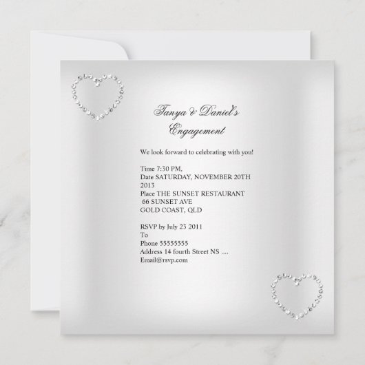 婚約パーティダイヤモンドハートホワイトシルバーボウ 招待状 (裏面)