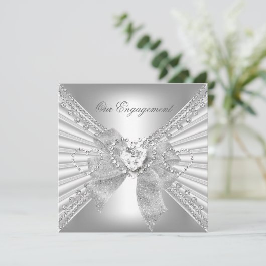 婚約パーティダイヤモンドハートホワイトシルバーボウ 招待状 (スタンド正面)