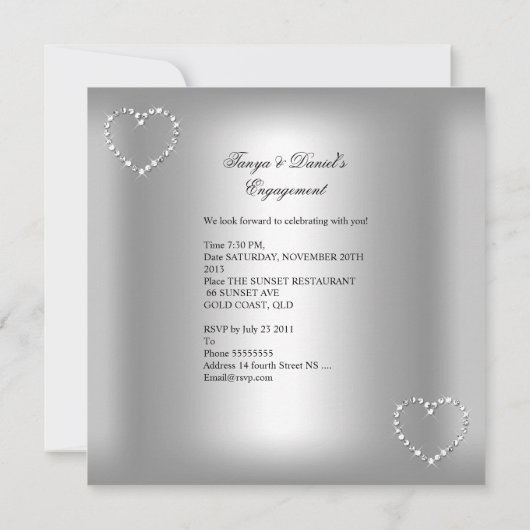 婚約パーティダイヤモンドハートホワイトシルバーボウ 招待状 (裏面)