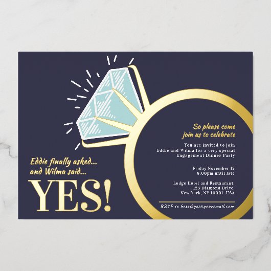 婚約パーティダイヤモンド金ゴールドリンググラフィック写真 箔招待状 (正面)