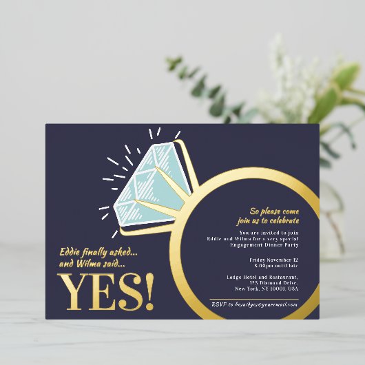 婚約パーティダイヤモンド金ゴールドリンググラフィック写真 箔招待状 (立ち正面)