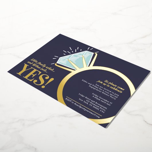 婚約パーティダイヤモンド金ゴールドリンググラフィック写真 箔招待状 (回転した状態)