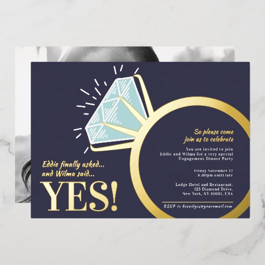 婚約パーティダイヤモンド金ゴールドリンググラフィック写真 箔招待状 (正面/裏面)