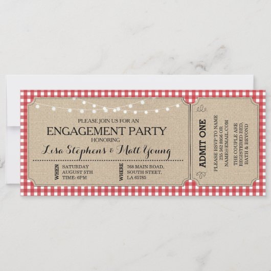 婚約パーティチケットレッドチェック素朴招待状 招待状 (正面)