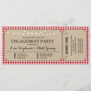 婚約パーティチケットレッドチェック素朴招待状 招待状