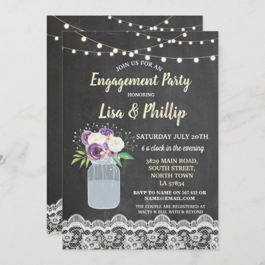 婚約パーティチョークレースフローラジャー招待 招待状 (正面/裏面)