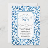婚約パーティチンツブルー&ホワイトフローラディティ 招待状 (正面)