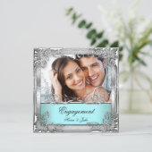 婚約パーティティール（緑がかった色）ホワイトシルバーフォト 招待状 (スタンド正面)