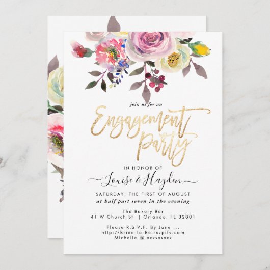 婚約パーティパステルウォーターカラーフラワーズ 案内状 (正面/裏面)
