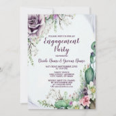 婚約パーティパープルフローラの緑の葉 招待状 (正面)