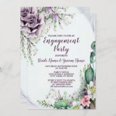 婚約パーティパープルフローラの緑の葉 招待状 (正面/裏面)