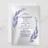 婚約パーティパープルブルーフローラフレームシルバー 招待状 (正面)