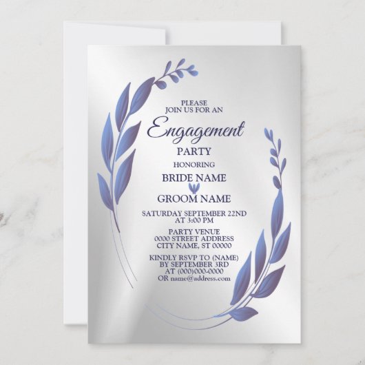 婚約パーティパープルブルーフローラフレームシルバー 招待状 (正面)